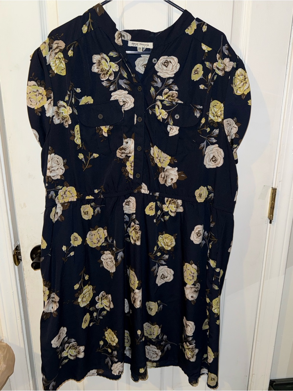 Speed Control Navy Floral Button-Front Midi Dress